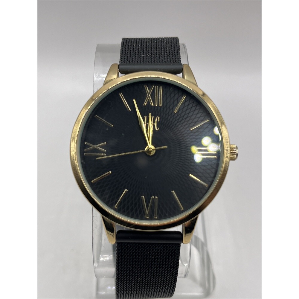 I.N.C. Women's Quartz Watch Gold Case Black Mesh Metal Band- New Battery